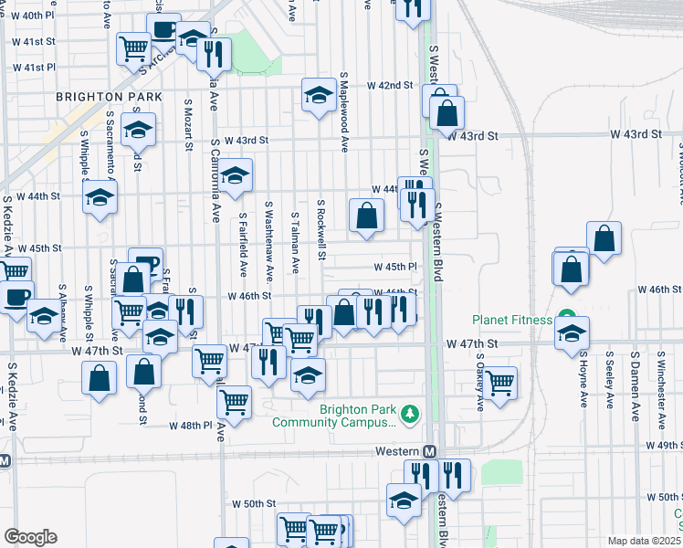 map of restaurants, bars, coffee shops, grocery stores, and more near 2539 West 45th Place in Chicago