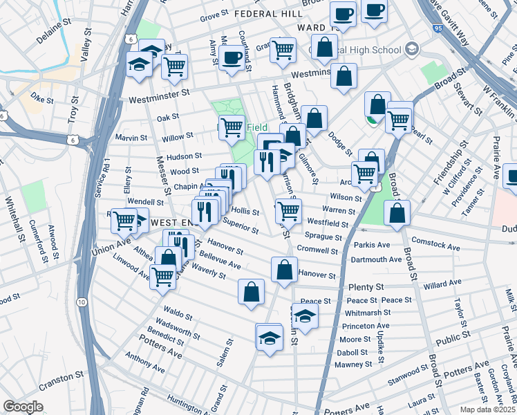 map of restaurants, bars, coffee shops, grocery stores, and more near 45 Diamond Street in Providence