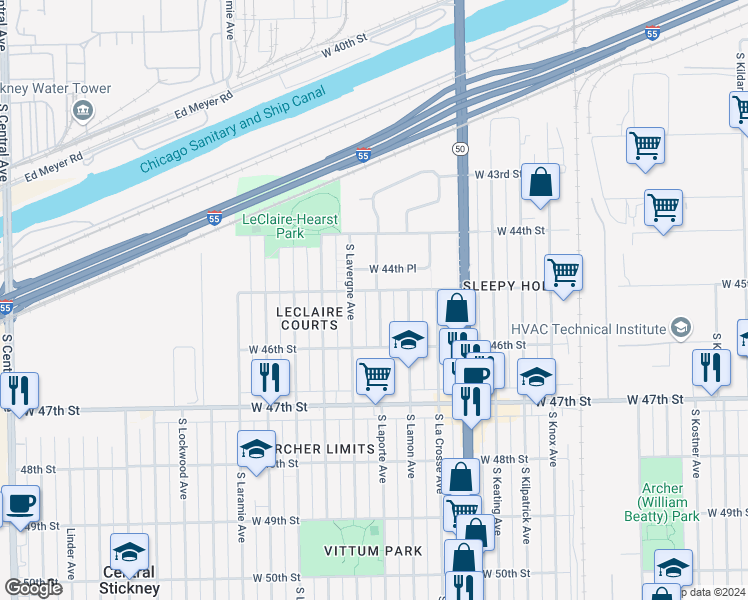 map of restaurants, bars, coffee shops, grocery stores, and more near 4506 South Laporte Avenue in Chicago