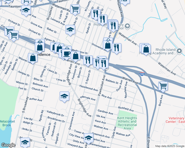 map of restaurants, bars, coffee shops, grocery stores, and more near 125 South Rose Street in East Providence