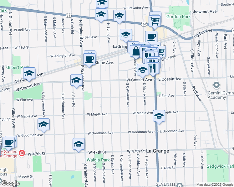 map of restaurants, bars, coffee shops, grocery stores, and more near 134 South Kensington Avenue in La Grange