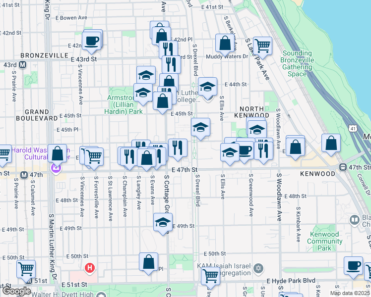 map of restaurants, bars, coffee shops, grocery stores, and more near 4616 South Drexel Boulevard in Chicago