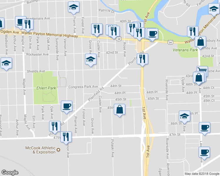map of restaurants, bars, coffee shops, grocery stores, and more near 8721 44th Street in Lyons