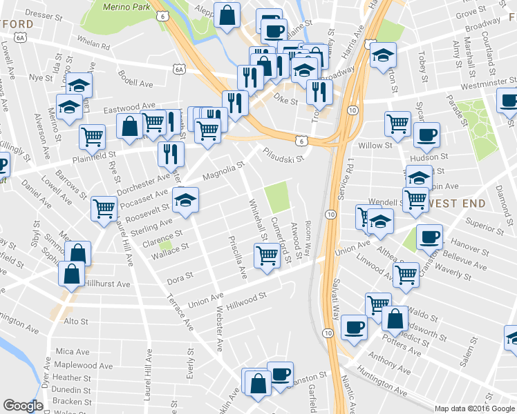 map of restaurants, bars, coffee shops, grocery stores, and more near 70 Whitehall Street in Providence