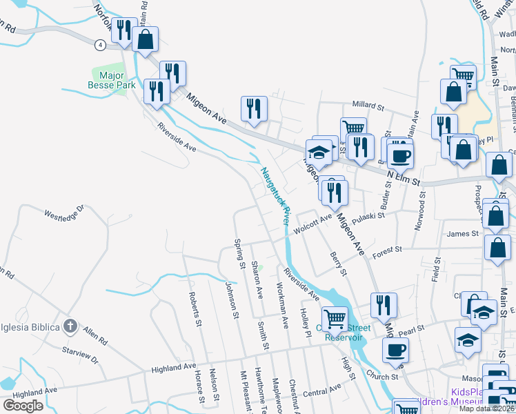 map of restaurants, bars, coffee shops, grocery stores, and more near 358 Riverside Avenue in Torrington