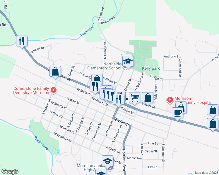 map of restaurants, bars, coffee shops, grocery stores, and more near 108 West Knox Street in Morrison