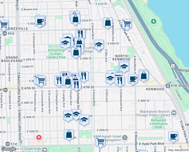 map of restaurants, bars, coffee shops, grocery stores, and more near 4613 South Drexel Boulevard in Chicago