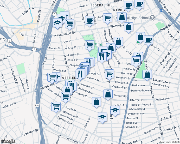 map of restaurants, bars, coffee shops, grocery stores, and more near 43 Hollis Street in Providence