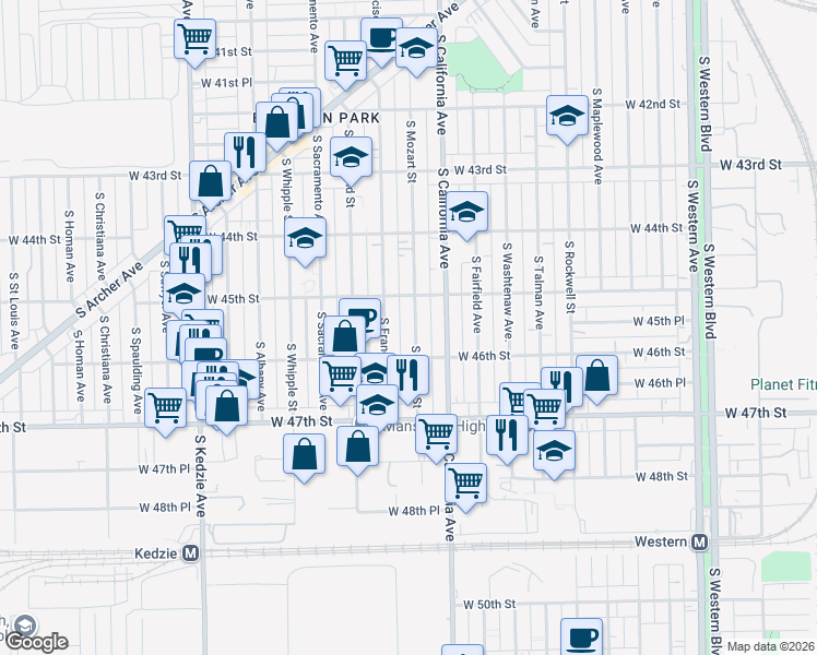 map of restaurants, bars, coffee shops, grocery stores, and more near 4530 South Mozart Street in Chicago