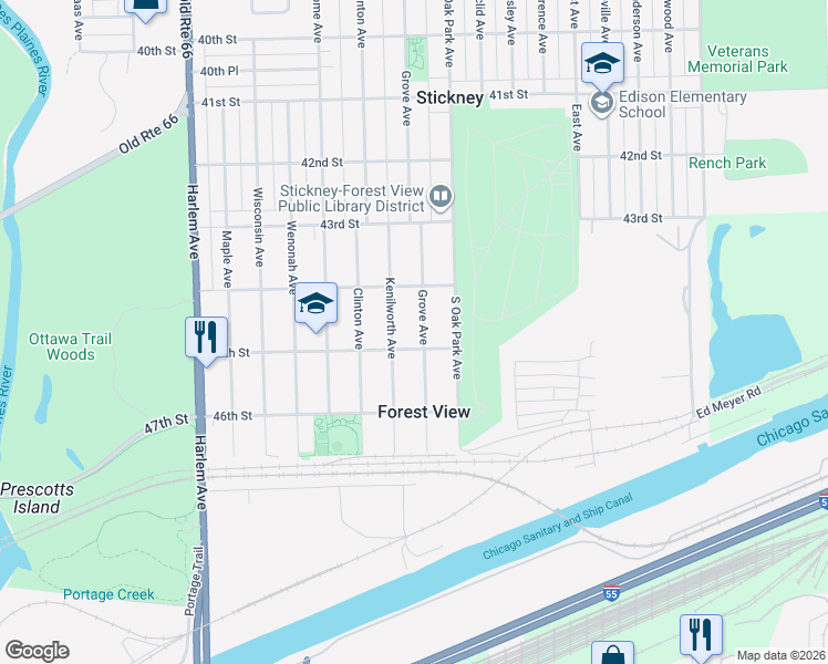 map of restaurants, bars, coffee shops, grocery stores, and more near 4442 Grove Avenue in Stickney