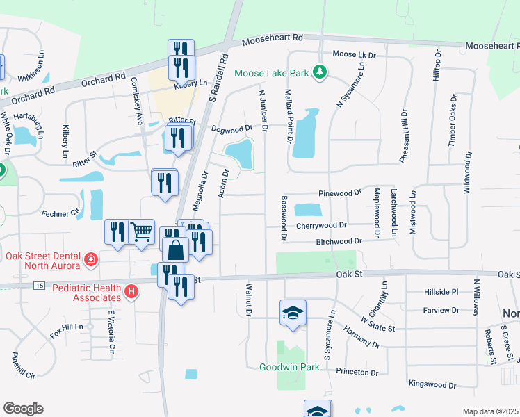 map of restaurants, bars, coffee shops, grocery stores, and more near 791 Cottonwood Drive in North Aurora