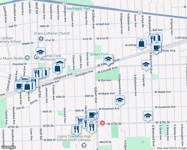 map of restaurants, bars, coffee shops, grocery stores, and more near 4402 Gilbert Avenue in Western Springs