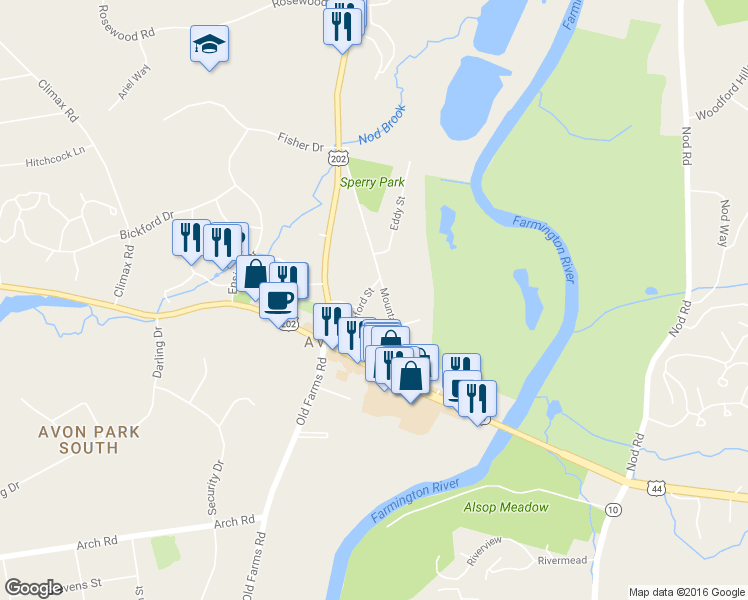 map of restaurants, bars, coffee shops, grocery stores, and more near 41 Mountain View Avenue in Avon