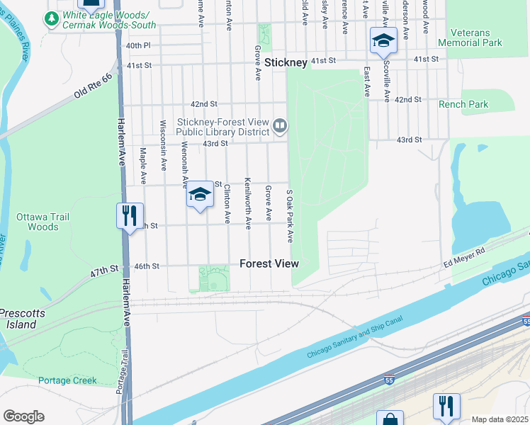 map of restaurants, bars, coffee shops, grocery stores, and more near 4442 Grove Avenue in Stickney