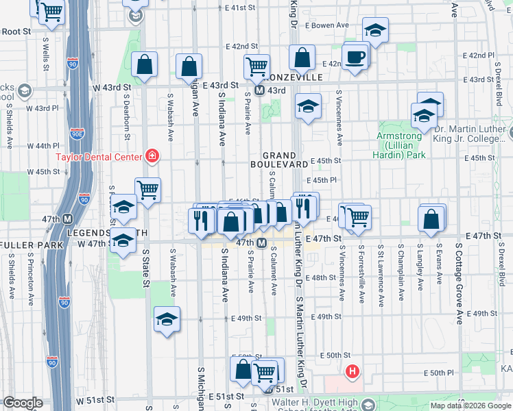map of restaurants, bars, coffee shops, grocery stores, and more near 4601 South Prairie Avenue in Chicago