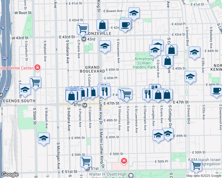 map of restaurants, bars, coffee shops, grocery stores, and more near 433 East 46th Street in Chicago
