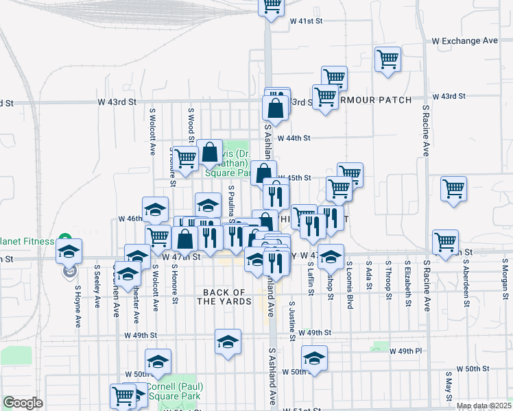 map of restaurants, bars, coffee shops, grocery stores, and more near 4543 South Marshfield Avenue in Chicago