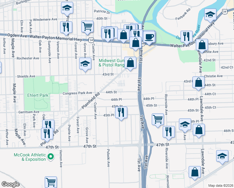 map of restaurants, bars, coffee shops, grocery stores, and more near 8649 44th Street in Lyons