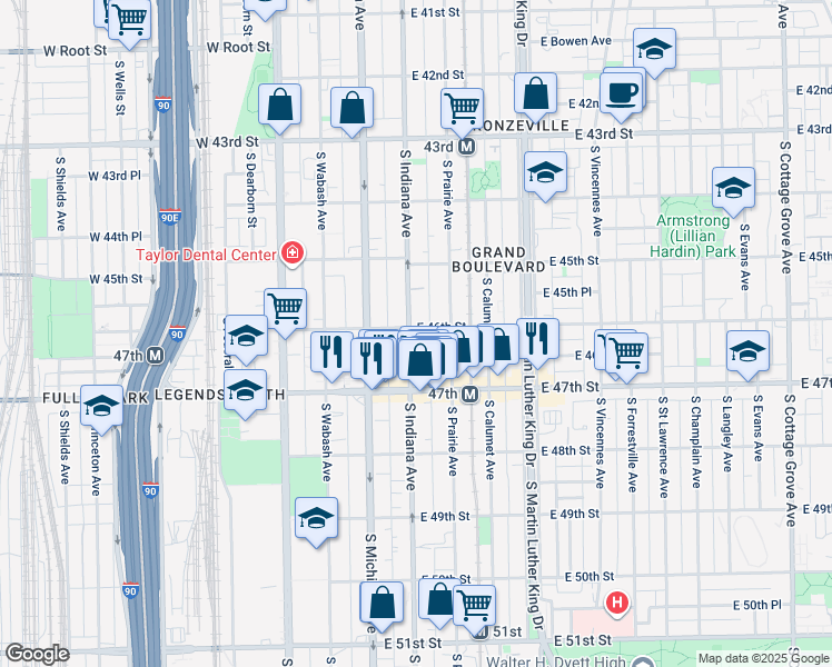 map of restaurants, bars, coffee shops, grocery stores, and more near 4601 South Indiana Avenue in Chicago
