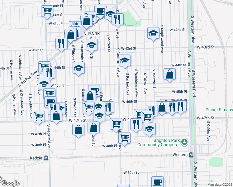 map of restaurants, bars, coffee shops, grocery stores, and more near 4530 South California Avenue in Chicago