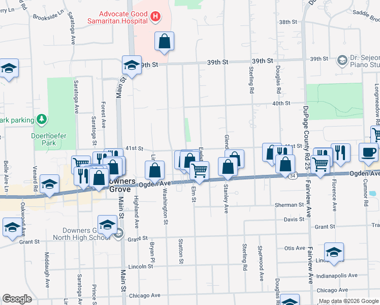 map of restaurants, bars, coffee shops, grocery stores, and more near 4213 Elm Street in Downers Grove