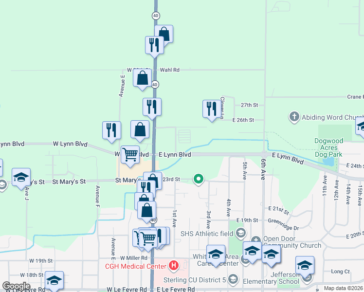 map of restaurants, bars, coffee shops, grocery stores, and more near 110 East Lynn Boulevard in Sterling