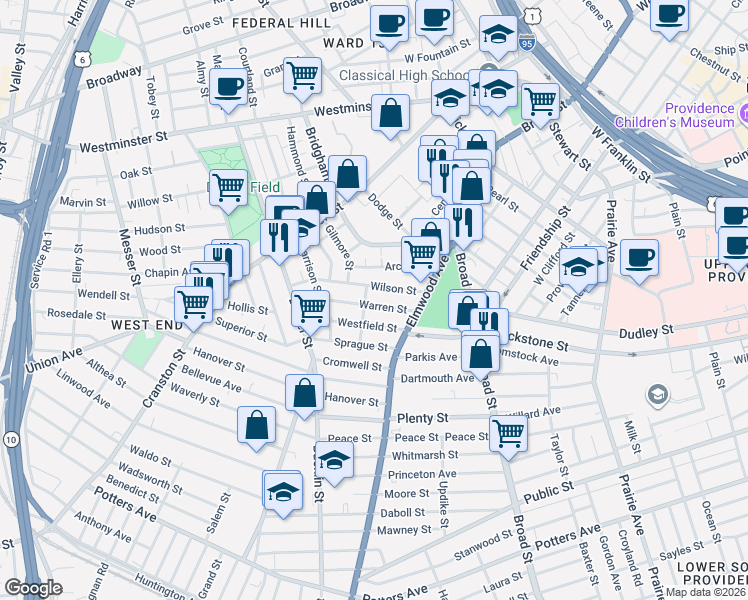 map of restaurants, bars, coffee shops, grocery stores, and more near 35 Warren Street in Providence