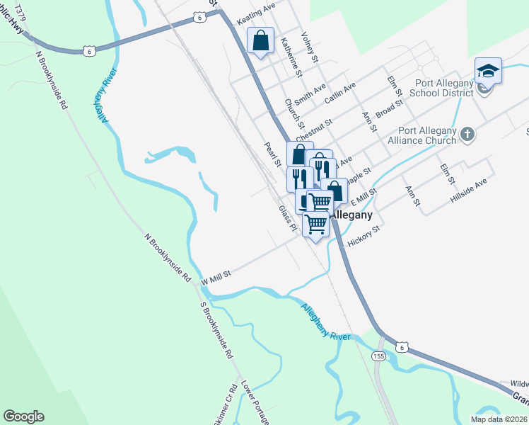 map of restaurants, bars, coffee shops, grocery stores, and more near 1 Glass Place in Port Allegany