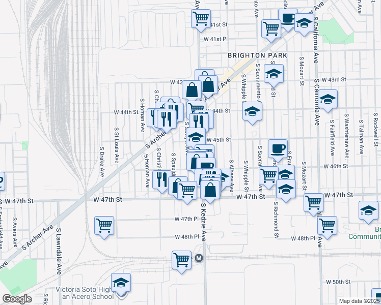 map of restaurants, bars, coffee shops, grocery stores, and more near 4523 South Sawyer Avenue in Chicago