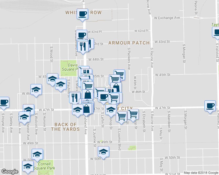 map of restaurants, bars, coffee shops, grocery stores, and more near 4553 South McDowell Avenue in Chicago