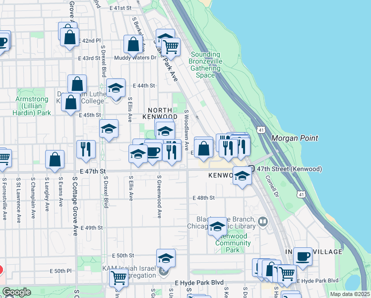 map of restaurants, bars, coffee shops, grocery stores, and more near 4610 South Woodlawn Avenue in Chicago