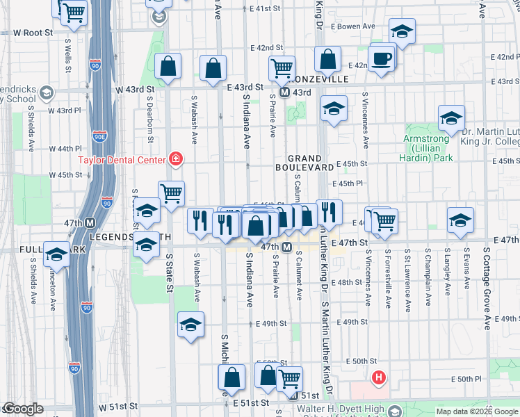 map of restaurants, bars, coffee shops, grocery stores, and more near 215 East 46th Street in Chicago