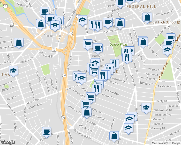 map of restaurants, bars, coffee shops, grocery stores, and more near 116 Wendell Street in Providence