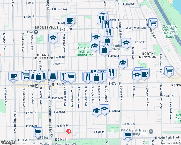 map of restaurants, bars, coffee shops, grocery stores, and more near 4604 South Langley Avenue in Chicago