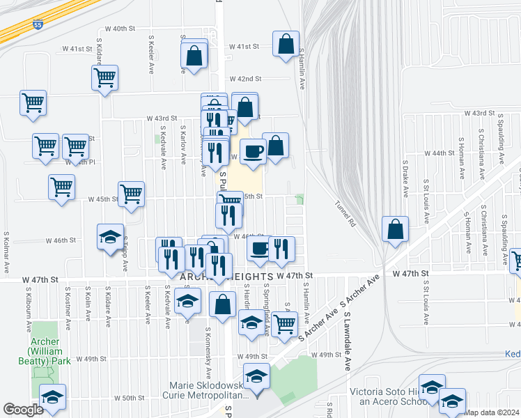 map of restaurants, bars, coffee shops, grocery stores, and more near 4516 South Springfield Avenue in Chicago