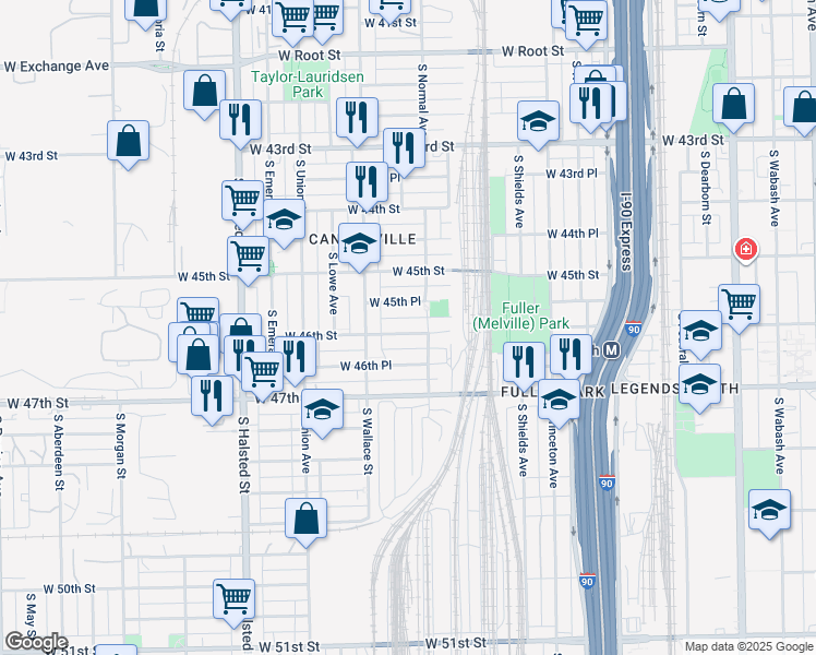 map of restaurants, bars, coffee shops, grocery stores, and more near 516 West 46th Street in Chicago