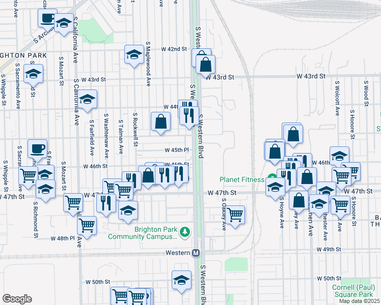 map of restaurants, bars, coffee shops, grocery stores, and more near 2421 West 45th Place in Chicago