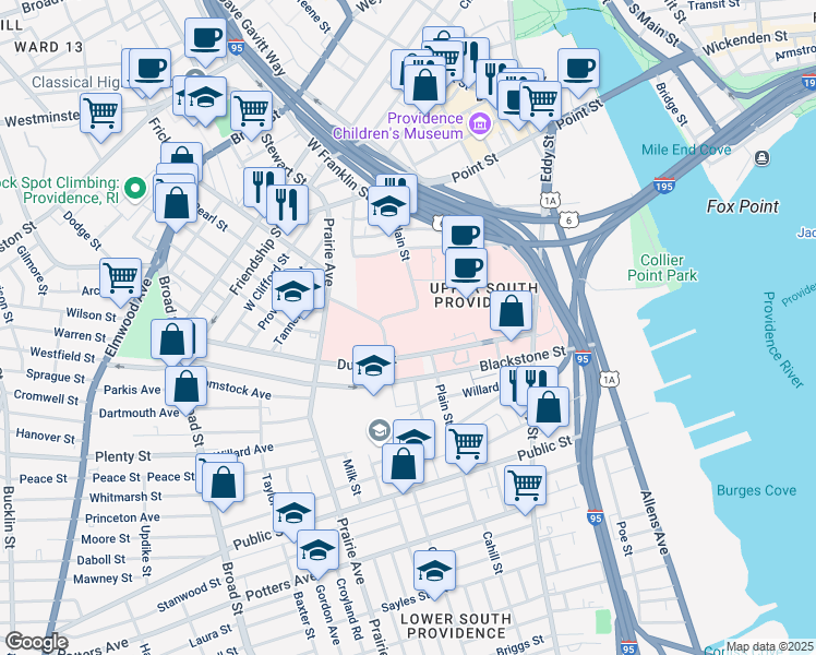 map of restaurants, bars, coffee shops, grocery stores, and more near 101 Dudley Street in Providence