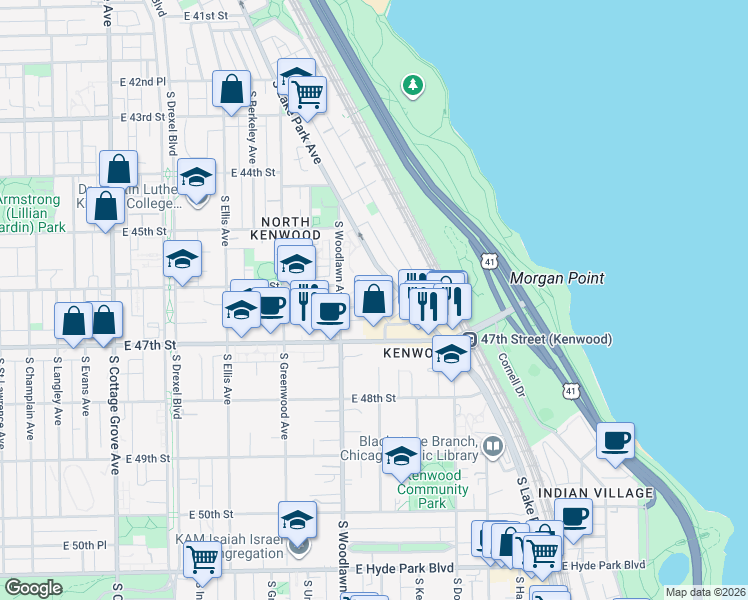 map of restaurants, bars, coffee shops, grocery stores, and more near 1232 East 46th Street in Chicago