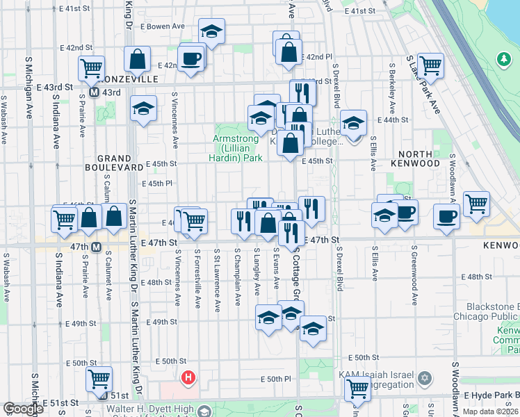 map of restaurants, bars, coffee shops, grocery stores, and more near 4604 South Langley Avenue in Chicago