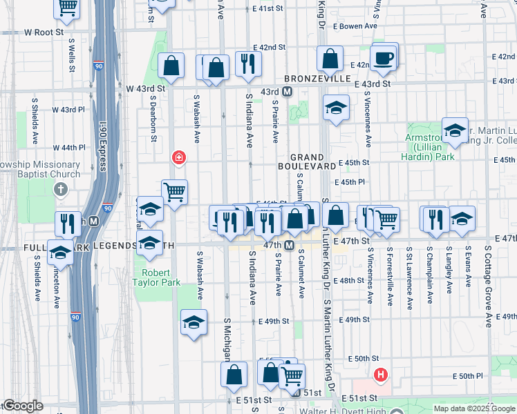 map of restaurants, bars, coffee shops, grocery stores, and more near 4601 South Indiana Avenue in Chicago