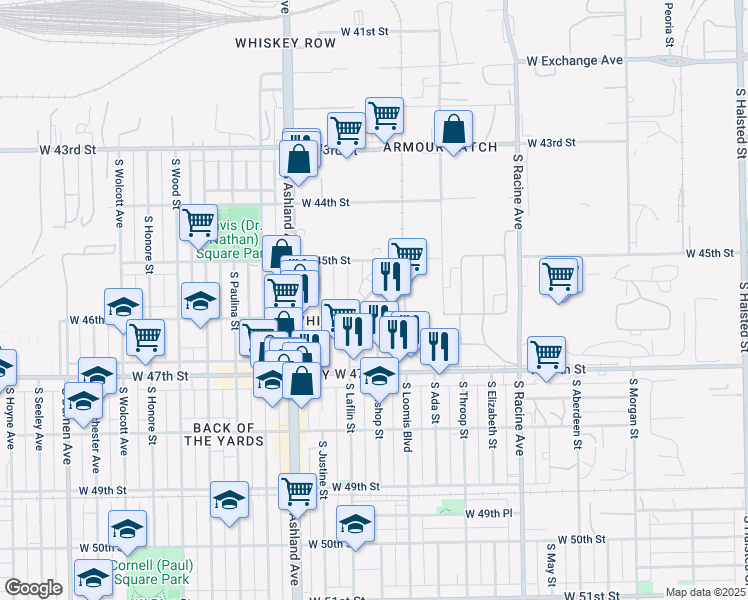 map of restaurants, bars, coffee shops, grocery stores, and more near 4553 South McDowell Avenue in Chicago