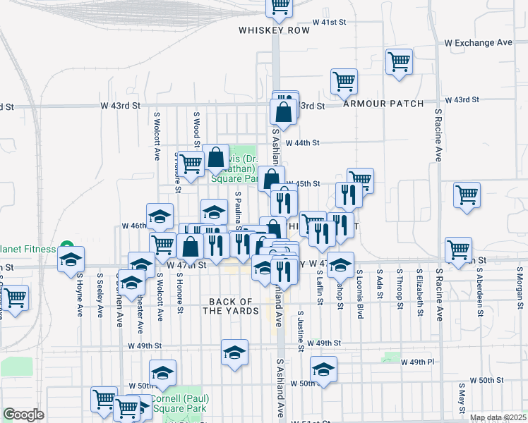 map of restaurants, bars, coffee shops, grocery stores, and more near 4543 South Marshfield Avenue in Chicago