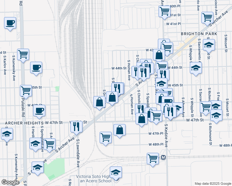map of restaurants, bars, coffee shops, grocery stores, and more near 4521 South Saint Louis Avenue in Chicago