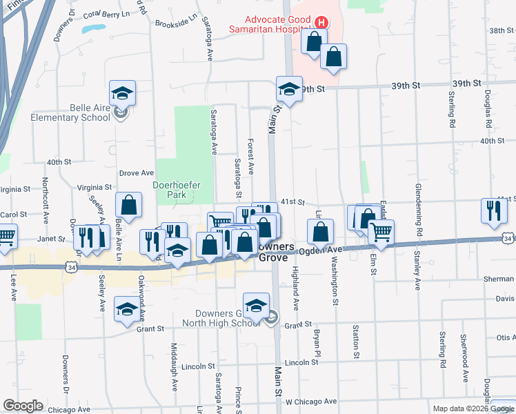 map of restaurants, bars, coffee shops, grocery stores, and more near 4200 Forest Avenue in Downers Grove