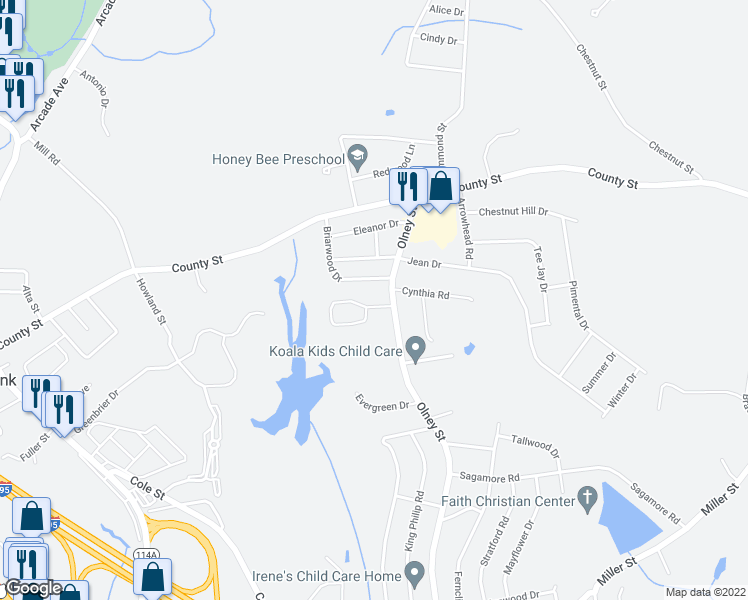 map of restaurants, bars, coffee shops, grocery stores, and more near 3 Brookside Court in Seekonk