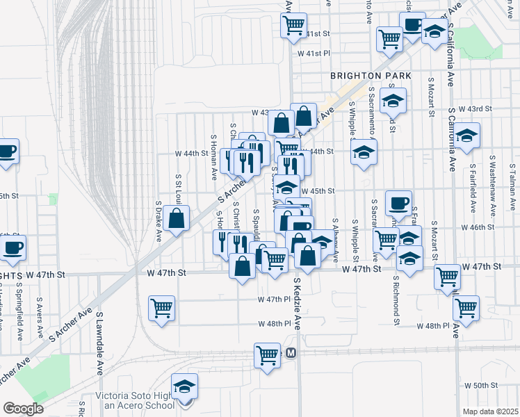 map of restaurants, bars, coffee shops, grocery stores, and more near 4521 South Spaulding Avenue in Chicago