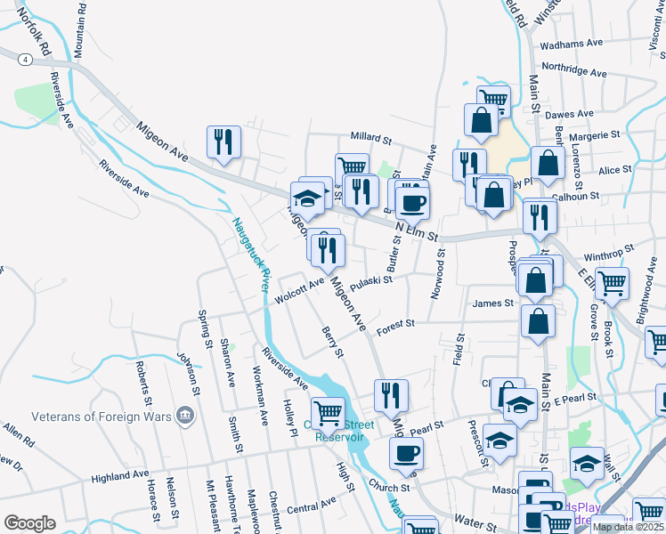 map of restaurants, bars, coffee shops, grocery stores, and more near 410 Migeon Avenue in Torrington