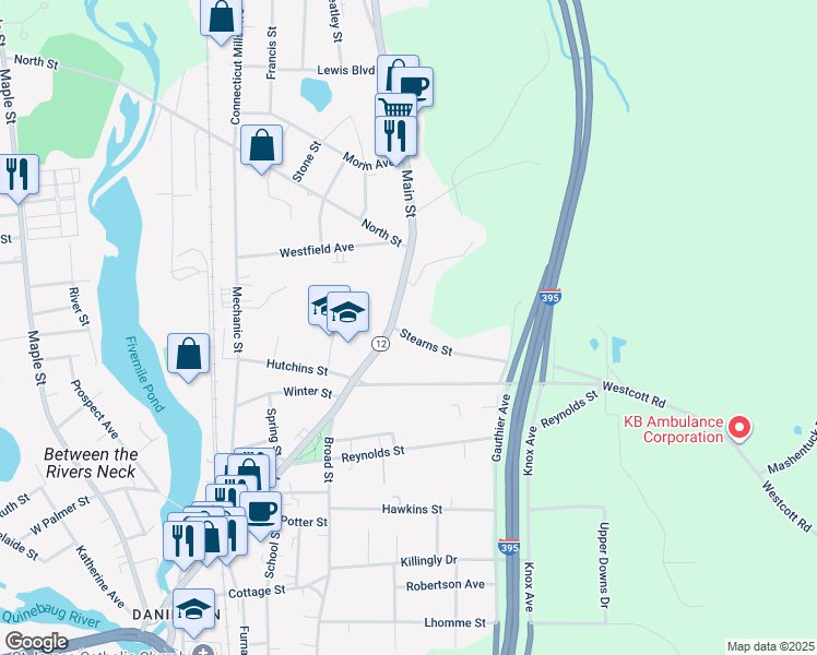map of restaurants, bars, coffee shops, grocery stores, and more near 16 Stearns Street in Killingly