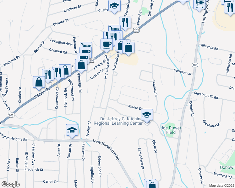 map of restaurants, bars, coffee shops, grocery stores, and more near 73 Lyman Dr in Torrington